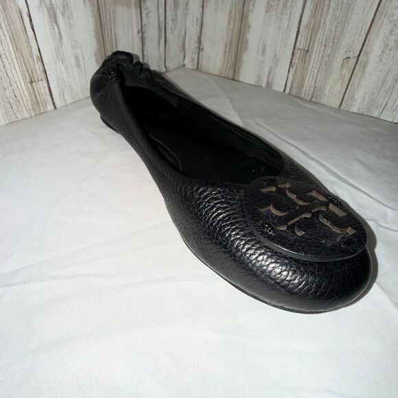 Tory Burch Black Leather Logo Ballet Flats | Classic Round Toe Slip-On Shoes Siz - Picture 7 of 12